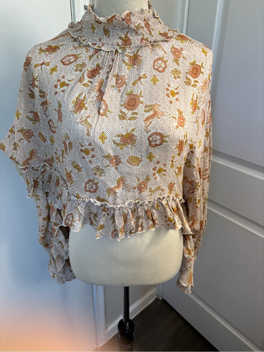 Free People Cream Floral Ruffle Smocked High Neck Blouse
